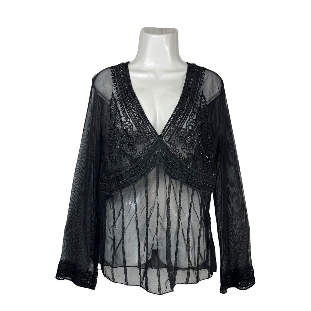 E BY ECI Women 14 Black Top Sheer Mesh Beaded Fairygrunge Whimsigoth Y2K Blouse